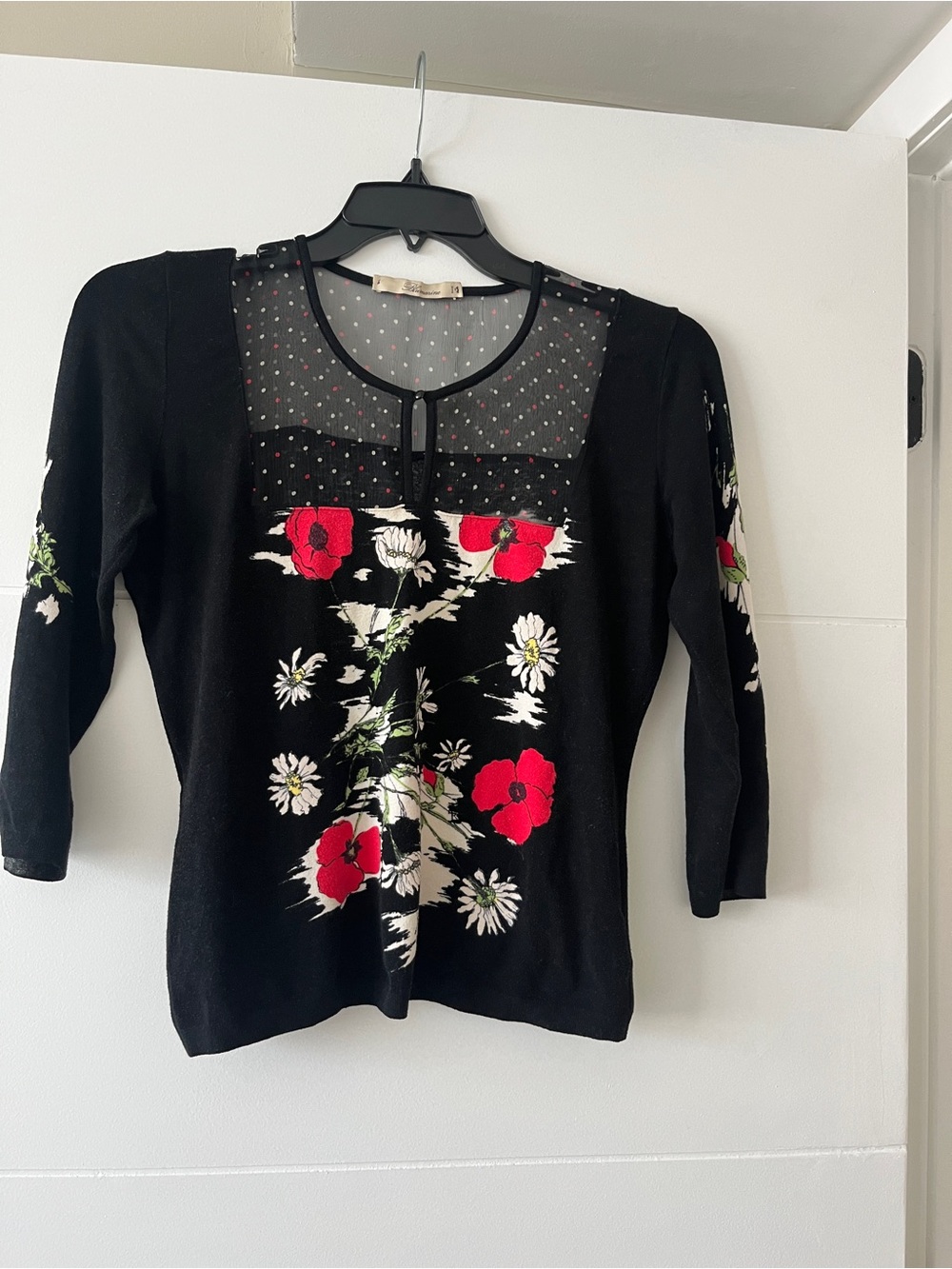 Vintage Blumarine Floral Mesh Yoke Top IT 42 Black Red Y2K